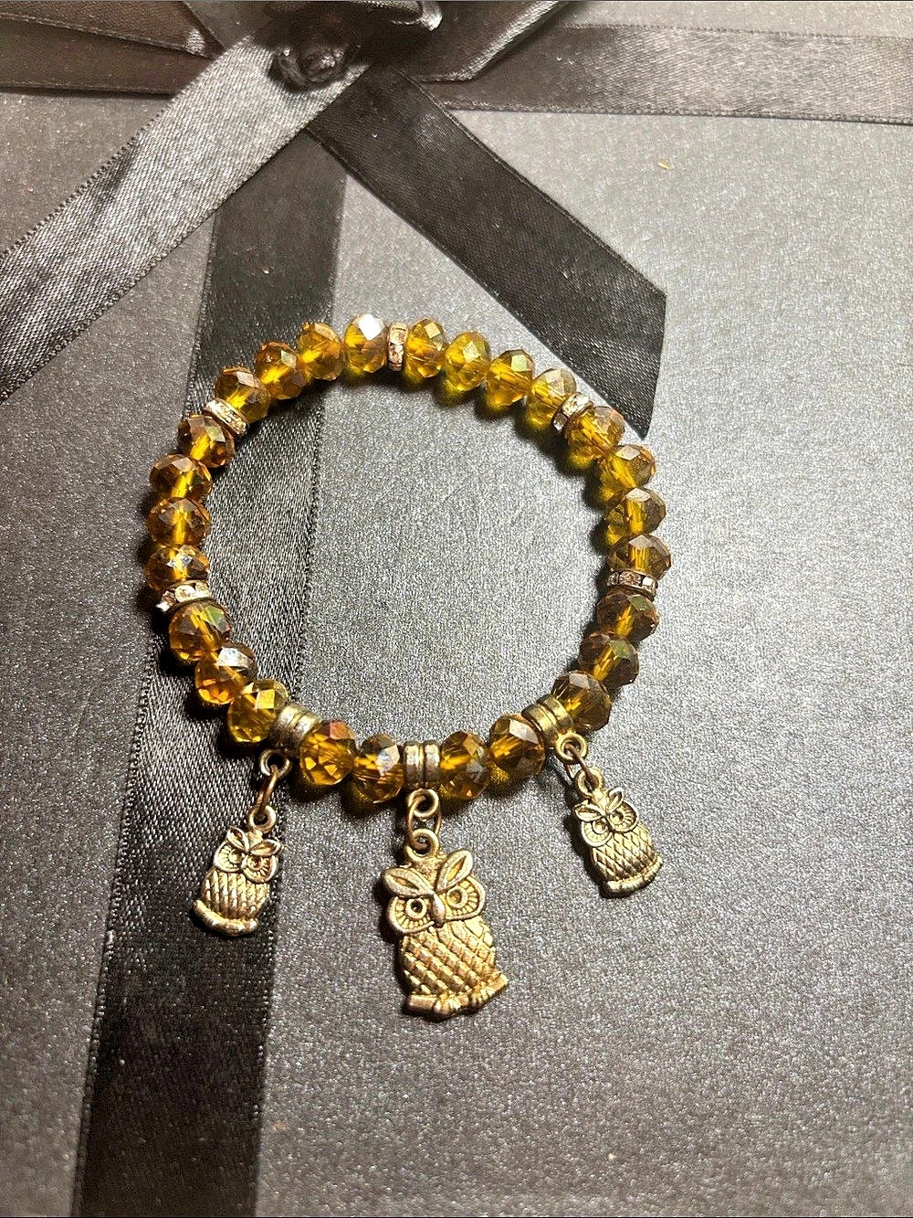 Amber Beaded Owl Charm Bracelet